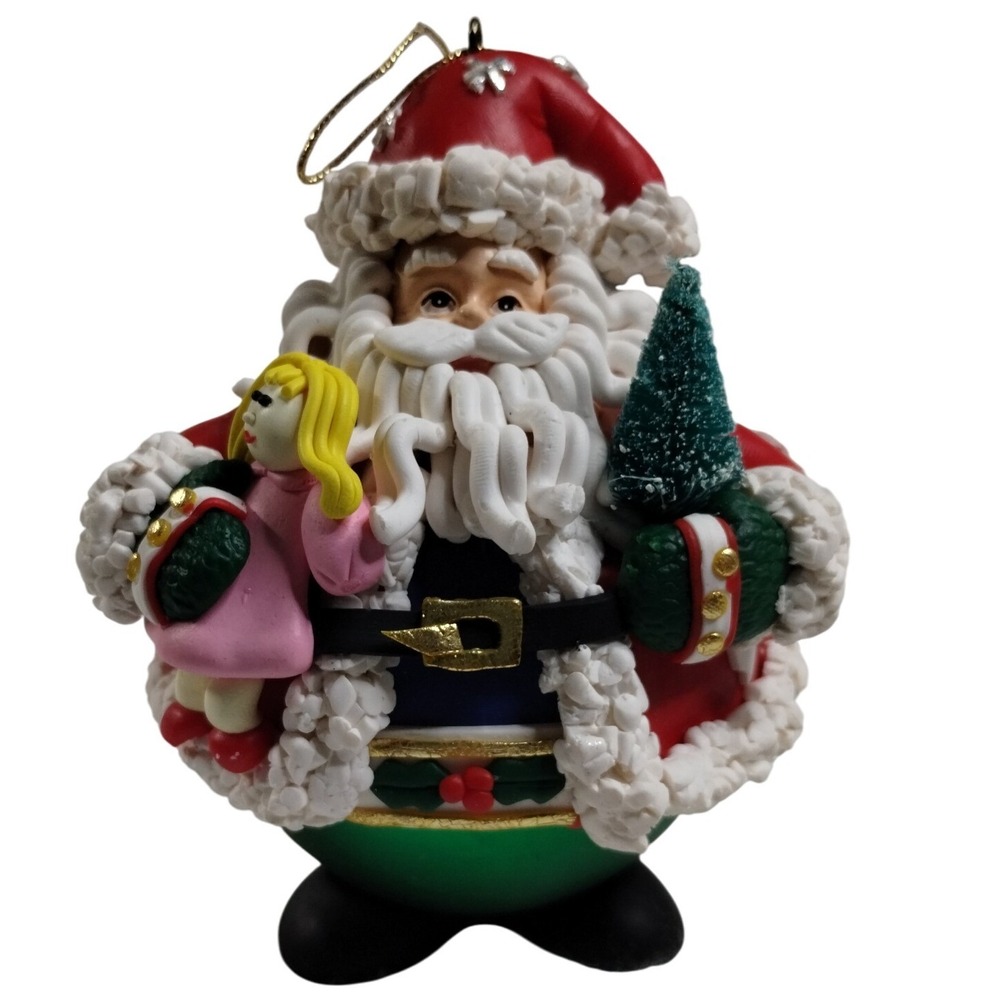 Traditions Santa Glass Ball Ornament w/ Girl & Tree Clay Details Christmas‎